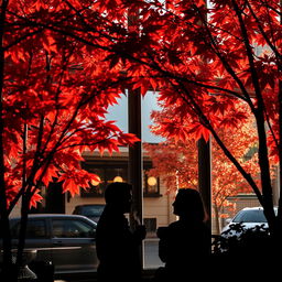 A captivating scene of a coffee shop in Vancouver during autumn, framed by striking red maple trees outside, their leaves creating a vibrant tapestry of fall colors