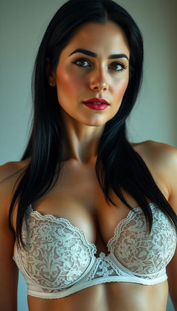 A close-up view of an attractive 40-year-old woman with long black hair, wearing a sexy lace bra that accentuates her large breasts