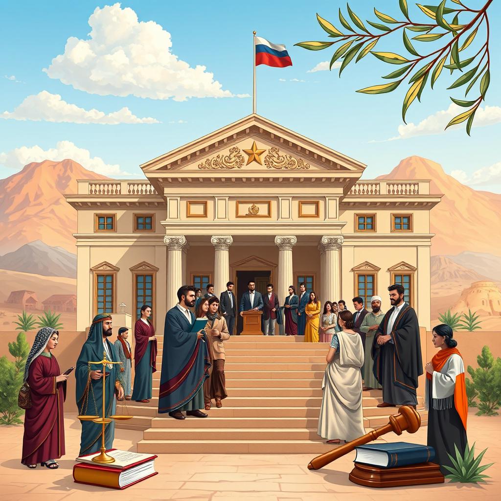A detailed illustration of the Syrian legal system, featuring a majestic courthouse with classical architecture set against a backdrop of the Syrian landscape