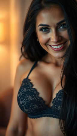A close-up view of an alluring 40-year-old woman with long black hair, confidently wearing a sexy lace bra that beautifully highlights her large breasts