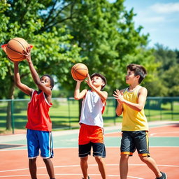 A vibrant outdoor basketball court scene featuring three young boys engaged in a spirited game of three-man basketball