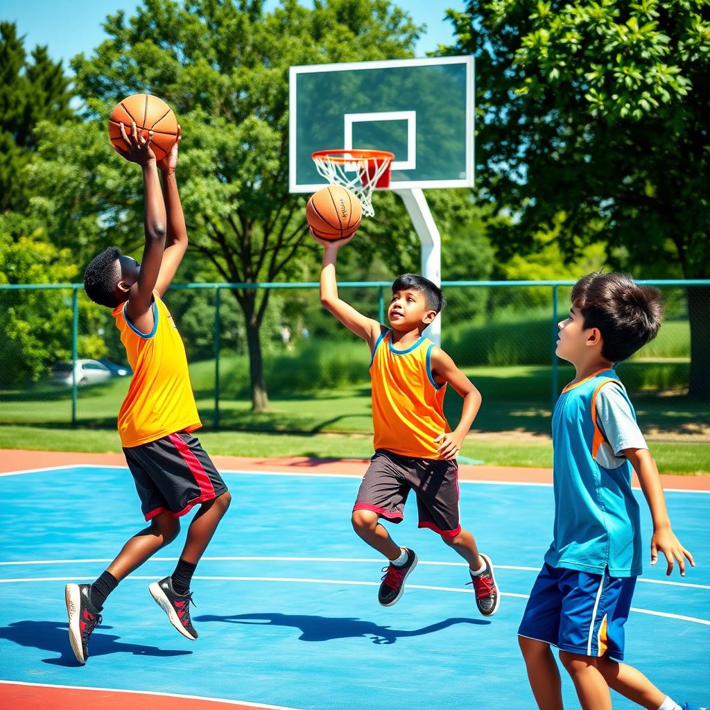 A vibrant outdoor basketball court scene featuring three young boys engaged in a spirited game of three-man basketball