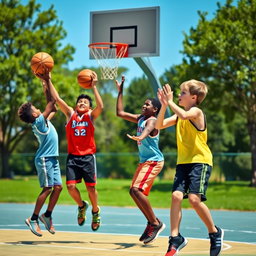 A vibrant outdoor basketball court scene featuring three young boys engaged in a spirited game of three-man basketball