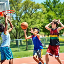 A vibrant outdoor basketball court scene featuring three young boys engaged in a spirited game of three-man basketball