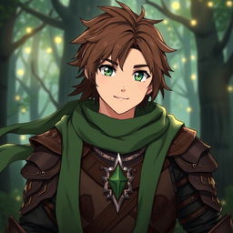 A male anime fantasy fighter with kind-looking green eyes and brown hair, sporting a black chin strap style beard