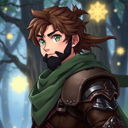 A male anime fantasy fighter with kind-looking green eyes and brown hair, sporting a black chin strap style beard