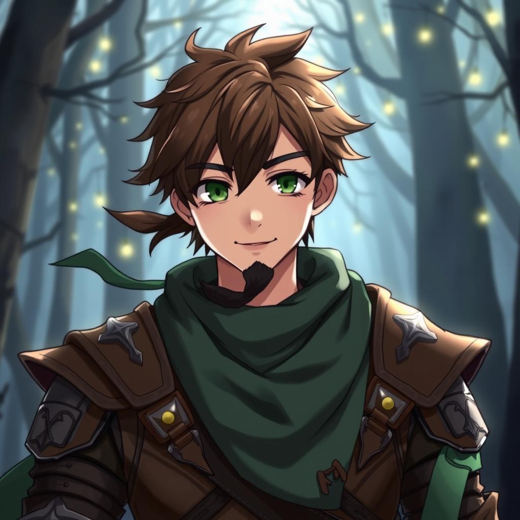 A male anime fantasy fighter with kind-looking green eyes and brown hair, sporting a black chin strap style beard