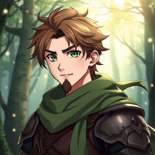 A male anime fantasy fighter with kind-looking green eyes and brown hair, sporting a black chin strap style beard