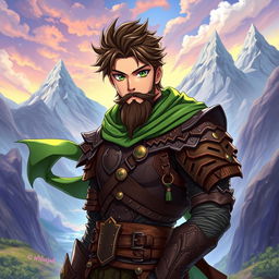 A male anime fantasy fighter with kind-looking green eyes and brown hair, featuring a stylish black beard