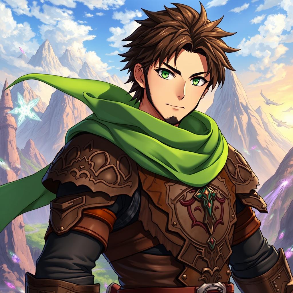 A male anime fantasy fighter with kind-looking green eyes and brown hair, featuring a stylish black beard