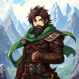A male anime fantasy fighter with kind-looking green eyes and brown hair, featuring a stylish black beard
