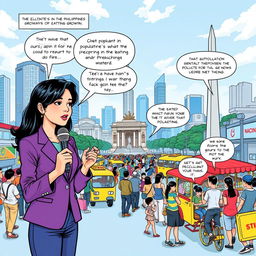 A vibrant comic page featuring a news reporter in a lively setting reporting about the population growth in the Philippines