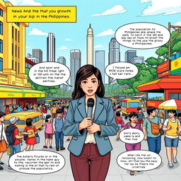 A vibrant comic page featuring a news reporter in a lively setting reporting about the population growth in the Philippines