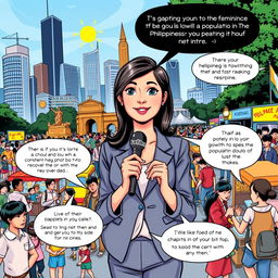 A vibrant comic page featuring a news reporter in a lively setting reporting about the population growth in the Philippines