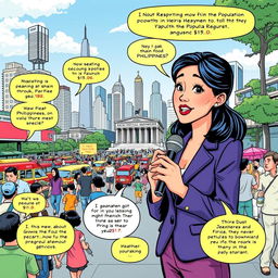 A vibrant comic page featuring a news reporter in a lively setting reporting about the population growth in the Philippines