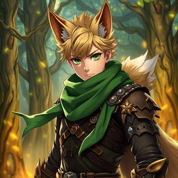 A male anime fantasy fighter with striking green eyes and distinctive fox-like features, including pointed ears and a bushy tail