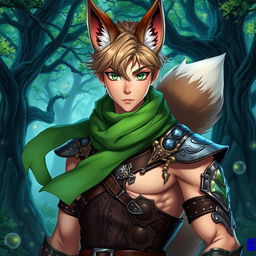 A male anime fantasy fighter with striking green eyes and distinctive fox-like features, including pointed ears and a bushy tail