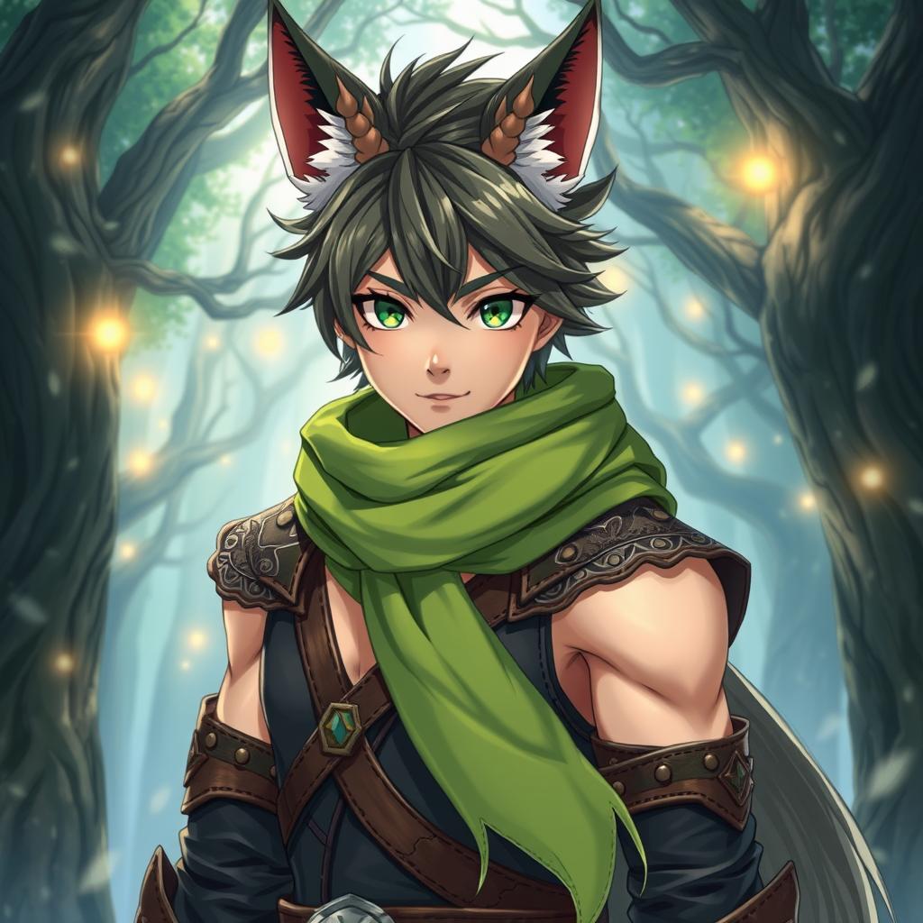 A male anime fantasy fighter with striking green eyes and distinctive fox-like features, including pointed ears and a bushy tail