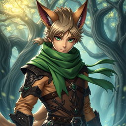 A male anime fantasy fighter with striking green eyes and distinctive fox-like features, including pointed ears and a bushy tail