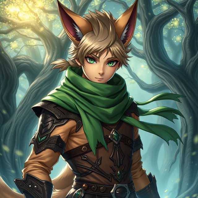 A male anime fantasy fighter with striking green eyes and distinctive fox-like features, including pointed ears and a bushy tail