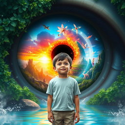 A young boy standing in front of a giant eye, which reflects a stunning, vibrant world filled with fantastical landscapes, magical creatures, and colorful skies