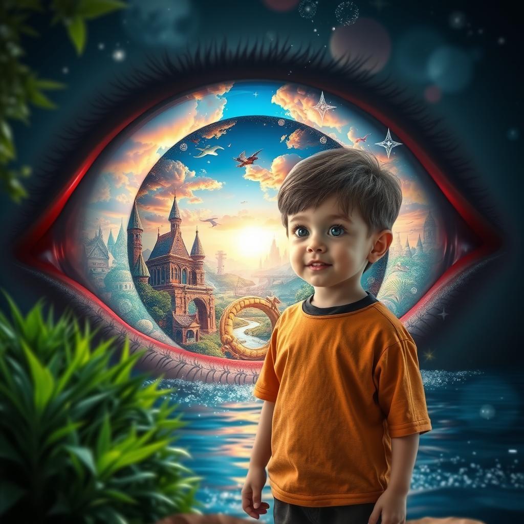 A young boy standing in front of a giant eye, which reflects a stunning, vibrant world filled with fantastical landscapes, magical creatures, and colorful skies
