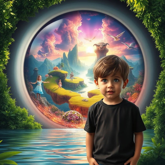 A young boy standing in front of a giant eye, which reflects a stunning, vibrant world filled with fantastical landscapes, magical creatures, and colorful skies