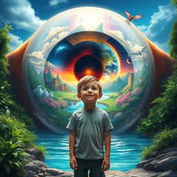 A young boy standing in front of a giant eye, which reflects a stunning, vibrant world filled with fantastical landscapes, magical creatures, and colorful skies