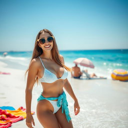 A beautiful beach scene featuring a woman in a stylish bikini, enjoying the sun and waves