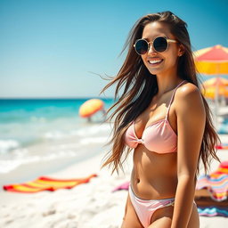A beautiful beach scene featuring a woman in a stylish bikini, enjoying the sun and waves