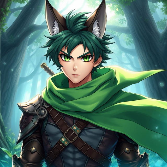 A male anime fantasy fighter with striking green eyes and a fox-like face, featuring prominent fox ears and a sharp, angular jaw