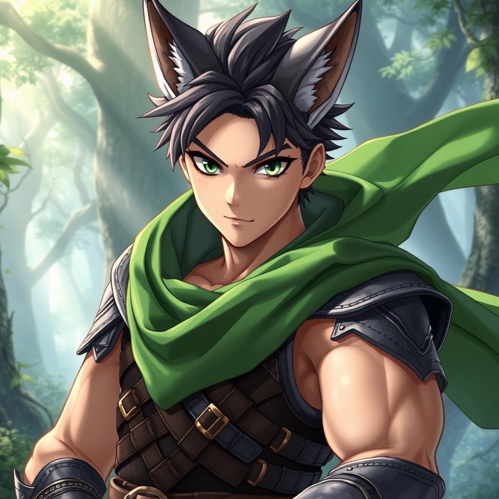 A male anime fantasy fighter with striking green eyes and a fox-like face, featuring prominent fox ears and a sharp, angular jaw