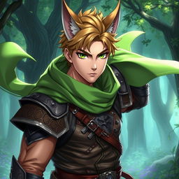 A male anime fantasy fighter with striking green eyes and a fox-like face, featuring prominent fox ears and a sharp, angular jaw