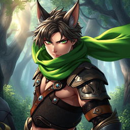 A male anime fantasy fighter with striking green eyes and a fox-like face, featuring prominent fox ears and a sharp, angular jaw