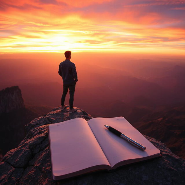 An inspiring scene featuring a person standing at the edge of a breathtaking cliff during sunset, gazing out over a vast landscape filled with mountains and valleys, embodying the essence of perseverance and dreams
