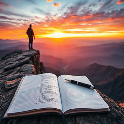 An inspiring scene featuring a person standing at the edge of a breathtaking cliff during sunset, gazing out over a vast landscape filled with mountains and valleys, embodying the essence of perseverance and dreams