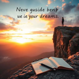 An inspiring scene featuring a person standing at the edge of a breathtaking cliff during sunset, gazing out over a vast landscape filled with mountains and valleys, embodying the essence of perseverance and dreams