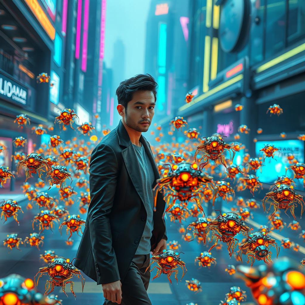 A futuristic scene showcasing a swarm of tiny nanotechnology microbots trailing a person, glimmering with metallic textures and intricate designs