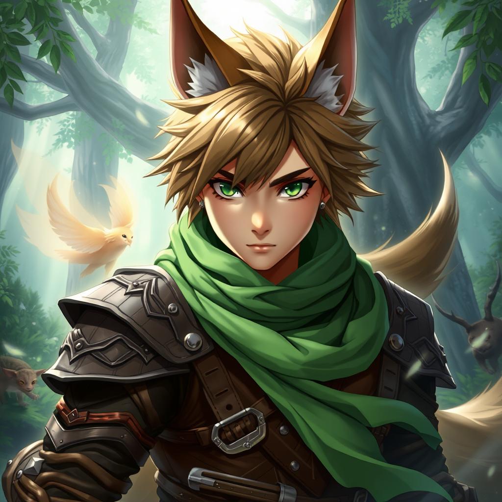 An anime fantasy fighter with captivating green eyes and fox-like features, including pointed fox ears and a sleek tail