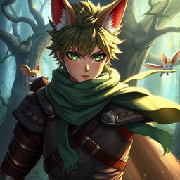 An anime fantasy fighter with captivating green eyes and fox-like features, including pointed fox ears and a sleek tail