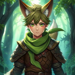 An anime fantasy fighter with captivating green eyes and fox-like features, including pointed fox ears and a sleek tail