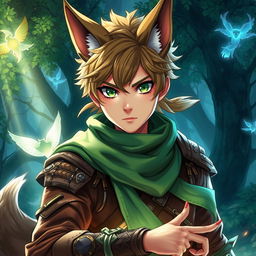 An anime fantasy fighter with captivating green eyes and fox-like features, including pointed fox ears and a sleek tail