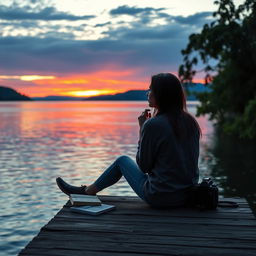 A contemplative scene of a person sitting on a wooden pier overlooking a calm lake at twilight, with the reflections of vibrant sunset colors shimmering on the water