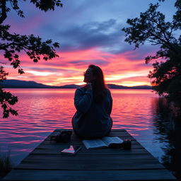 A contemplative scene of a person sitting on a wooden pier overlooking a calm lake at twilight, with the reflections of vibrant sunset colors shimmering on the water