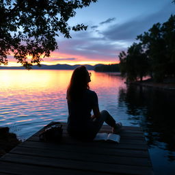 A contemplative scene of a person sitting on a wooden pier overlooking a calm lake at twilight, with the reflections of vibrant sunset colors shimmering on the water