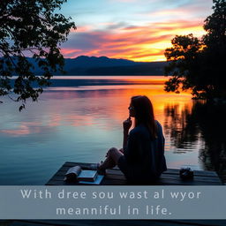 A contemplative scene of a person sitting on a wooden pier overlooking a calm lake at twilight, with the reflections of vibrant sunset colors shimmering on the water