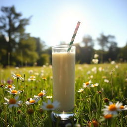 A serene and beautiful landscape featuring a tall glass of fresh milk, with a soft yellow hue, surrounded by wildflowers in a sunlit meadow