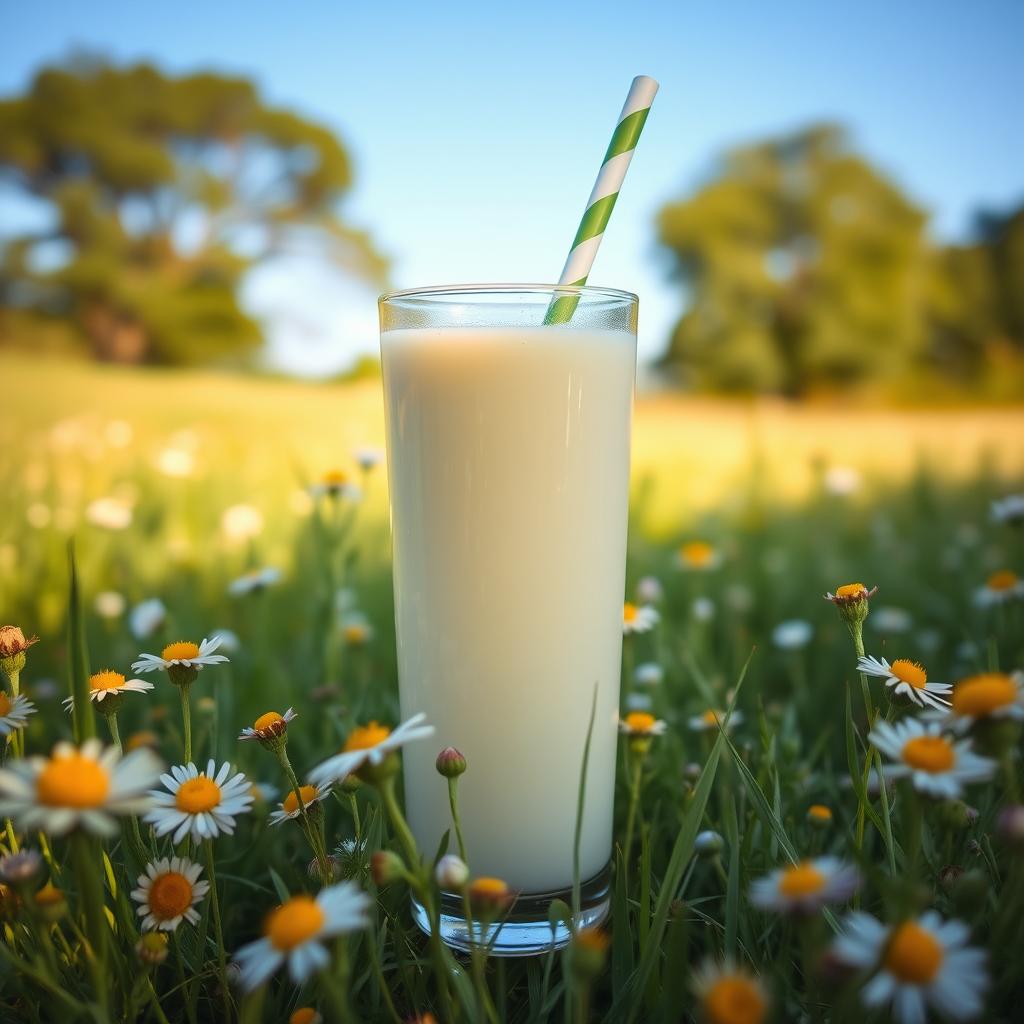 A serene and beautiful landscape featuring a tall glass of fresh milk, with a soft yellow hue, surrounded by wildflowers in a sunlit meadow