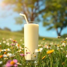 A serene and beautiful landscape featuring a tall glass of fresh milk, with a soft yellow hue, surrounded by wildflowers in a sunlit meadow