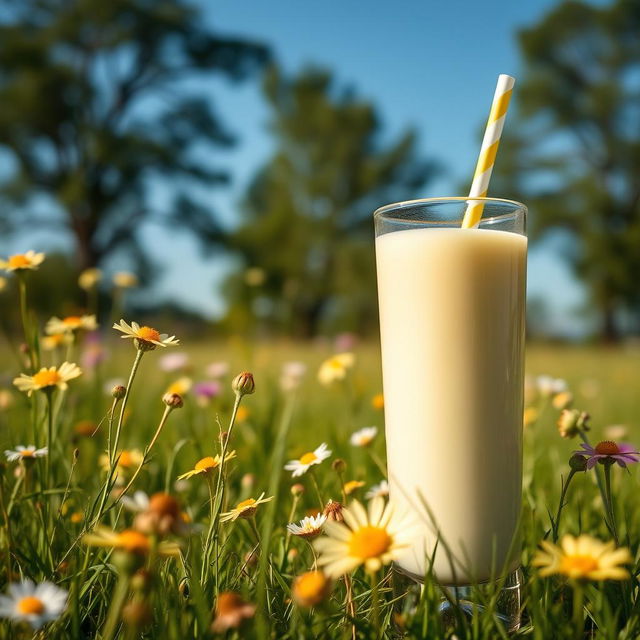 A serene and beautiful landscape featuring a tall glass of fresh milk, with a soft yellow hue, surrounded by wildflowers in a sunlit meadow